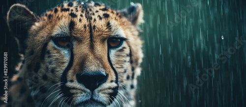 A close up view of a cheetah s head perfect for adding text set against a backdrop of rain. with copy space image. Place for adding text or design photo