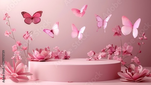 Pink Floral Background with Butterflies and a Podium