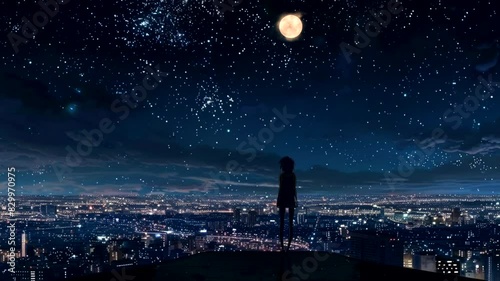 The city sprawls out below, its lights twinkling like distant constellations. seamless looping video background animation, cartoon anime style photo