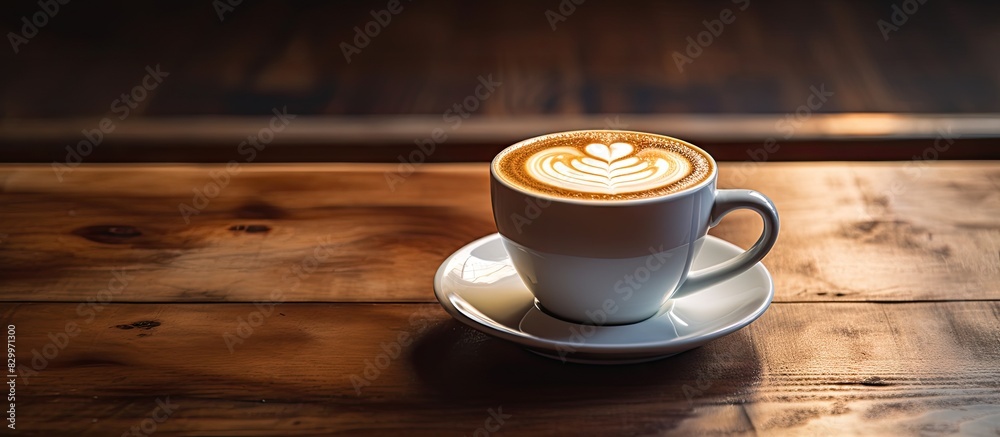 Obraz premium A coffee latte with a beautiful latte art design placed on top set on a rustic wooden table creating an appealing copy space image