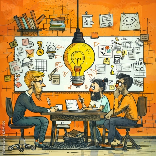 Startup founders discussing new ideas in a creative co-working space, cartoon style
