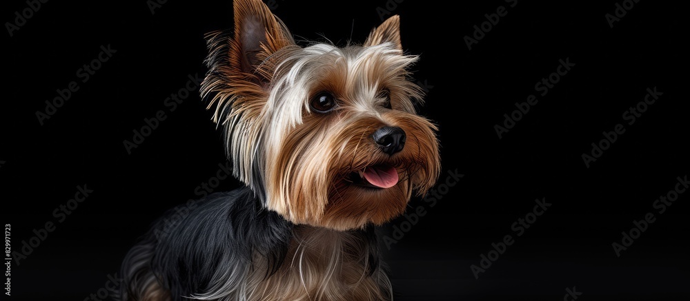 A cute Yorkshire terrier dog posing for a portrait on a black background with ample space for copy or text A cute Yorkshire terrier dog posing for a portrait on a black background with ample space for copy or text