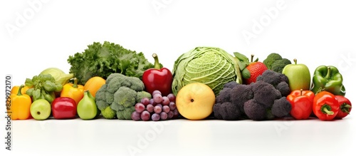 High resolution product photograph of various fruits and vegetables isolated on a white background with ample copy space