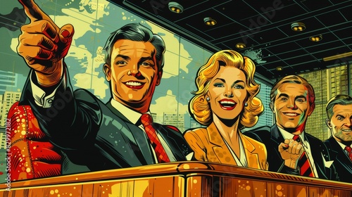 Business partners celebrating a successful project in an elegant boardroom, pop art style