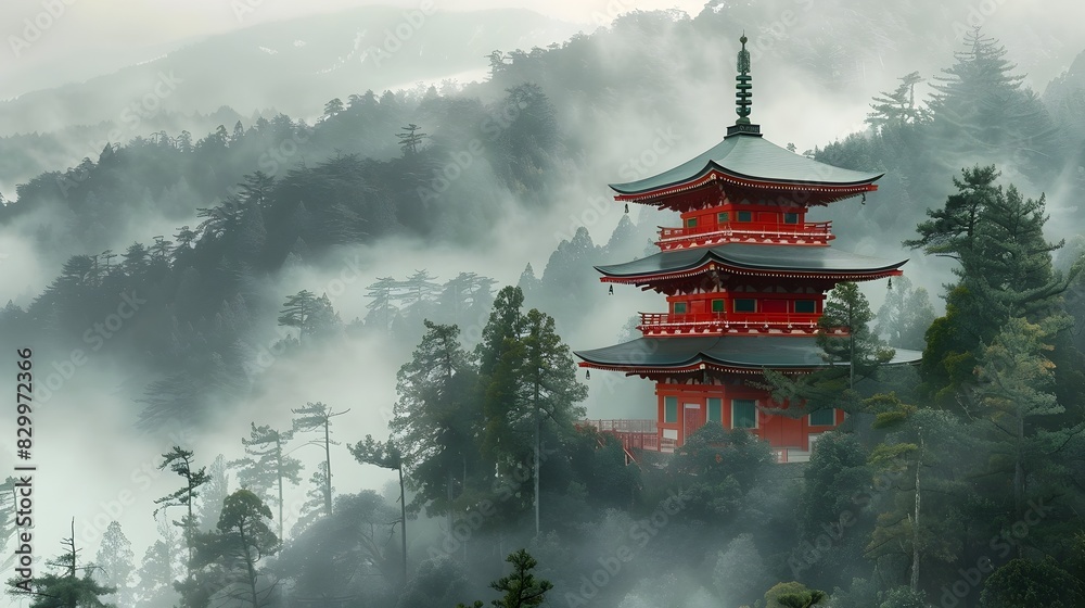 Majestic Japanese Temple Nestled in Misty Mountain Forest Landscape