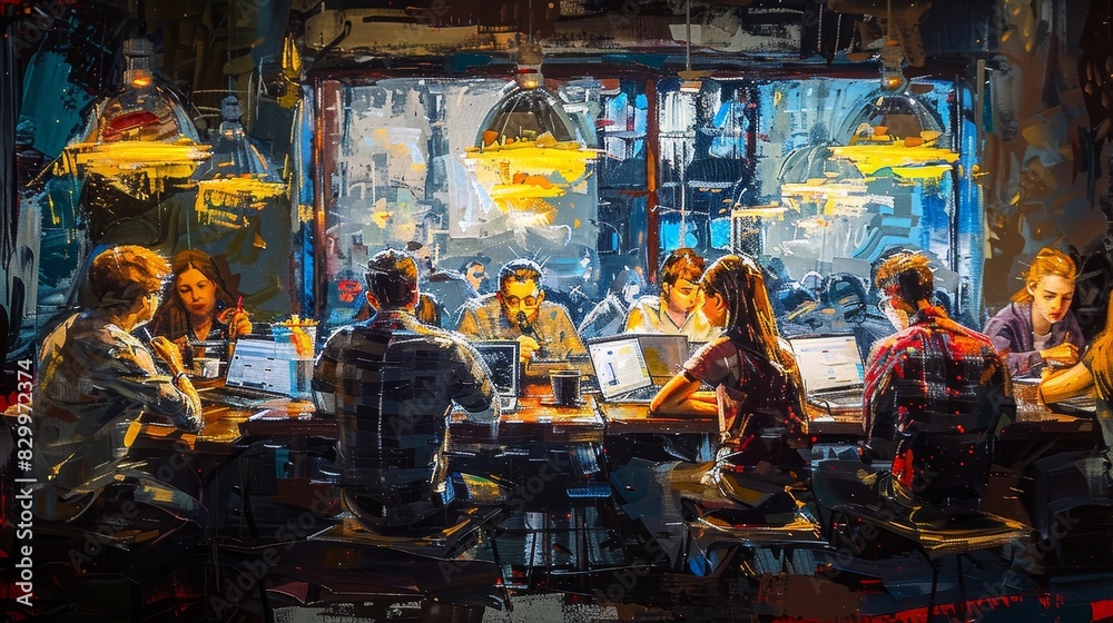 Innovative workspace with teams collaborating on laptops and tablets, oil painting style