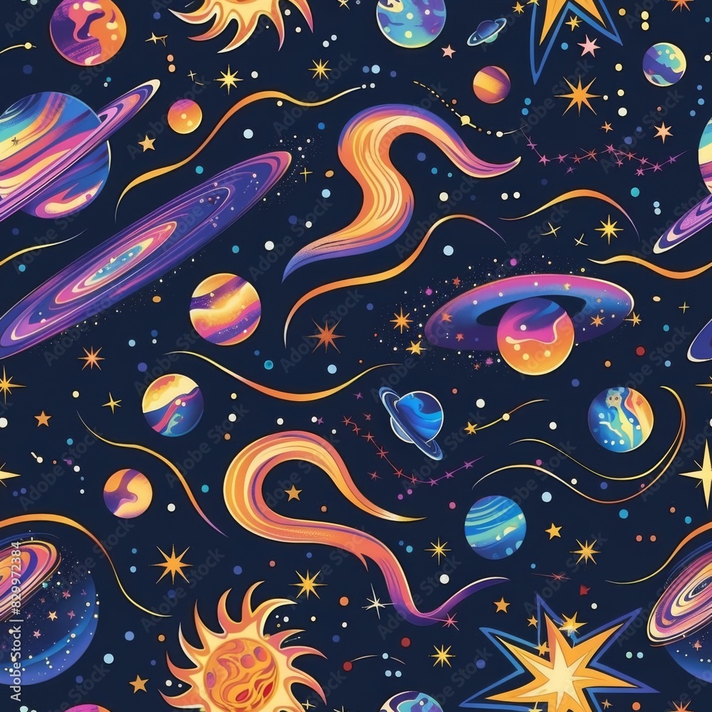 A colorful space scene with planets and stars