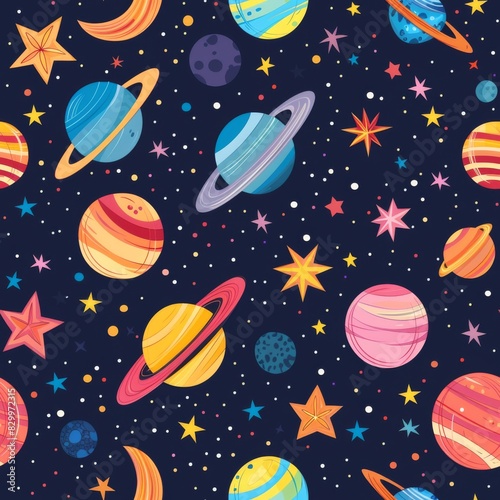 A colorful space scene with planets and stars