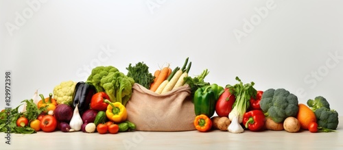 A panorama of a white background showcases a fresh mix of vegetables neatly packed in a zero waste cotton bag Ample copy space is available