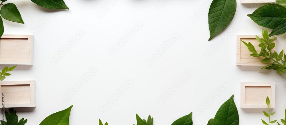Naklejka premium From a top down perspective there is a set of wooden building blocks on a white background Alongside them lies a pristine white card with empty space for text In addition a solitary green leaf comple