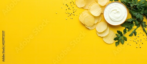 A copy space image featuring a flat lay of potato crisps and sour cream and chive dip on a yellow background