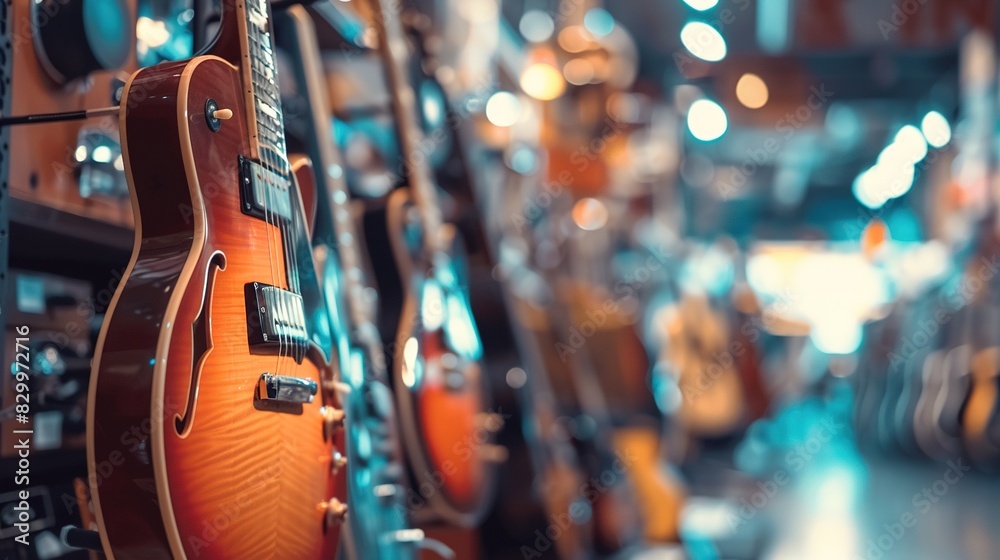 Obraz premium blur background with a huge assortment of different guitars hanging on the walls in a musical instrument store. music shop. guitars for sale . Hobbies and recreation.