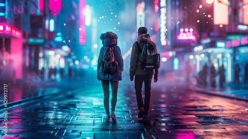 Young adults with contrasting appearances pose against a vibrant urban backdrop. Their bold fashion choices and diverse hairstyles create a striking visual tableau.