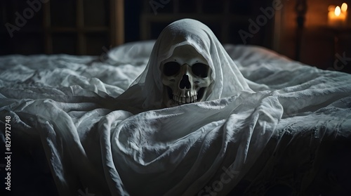 Ghost bed cloth halloween costume illustration. Generative AI