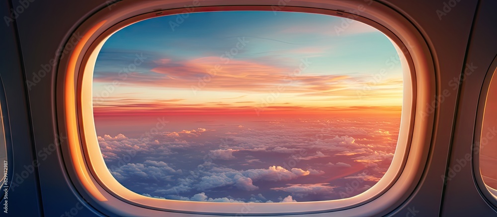 A captivating copy space image of the sunset viewed through an airplane window A captivating copy space image of the sunset viewed through an airplane window