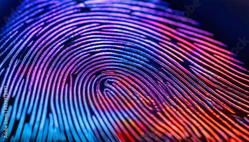 Highly detailed of a fingerprint abstract pattern with vibrant blue and purple colors, neon effect against a dark background, biometrics and forensics.