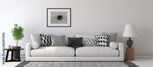 Cozy white living room with a black and white patterned carpet as the center of attention Copy space image