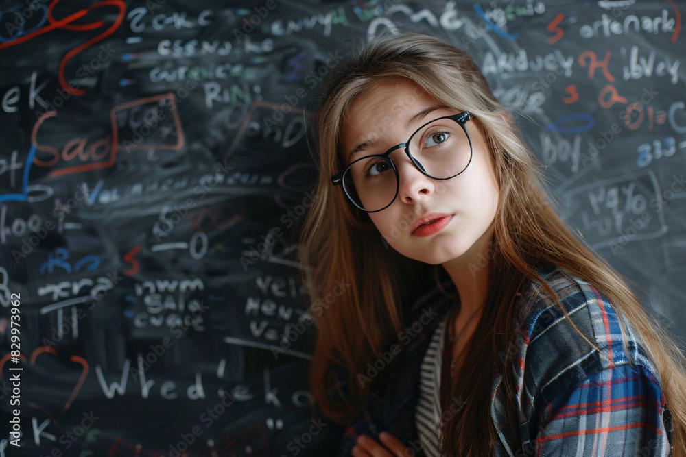 thinking teenage girl over blackboard background with copy space thinking teenage girl over blackboard background with copy space