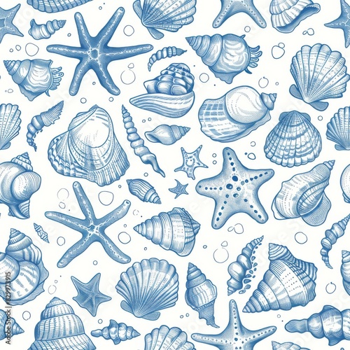 A blue and white drawing of various sea creatures including starfish, clams