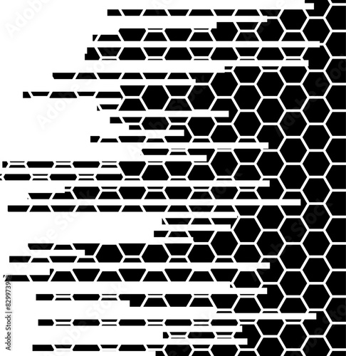 Dispersed background. Disintegration pixel effect illustration. Vector hexagon elements. Disappear transform hexagon texture. Dissolved filled. Vector graphic.