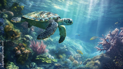 A sea turtle gracefully glides near a vibrant coral reef