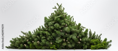 A close up copy space image of a rosemary alternative Christmas tree adds a natural touch to a zero waste Christmas decoration on a white background