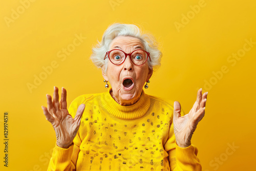  surprised senior woman over yellow background