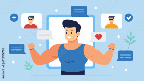 A fitness influencers account is filled with comments from men asking for tips on how to achieve their same level of muscle definition and size showing the pressure to meet. Vector illustration