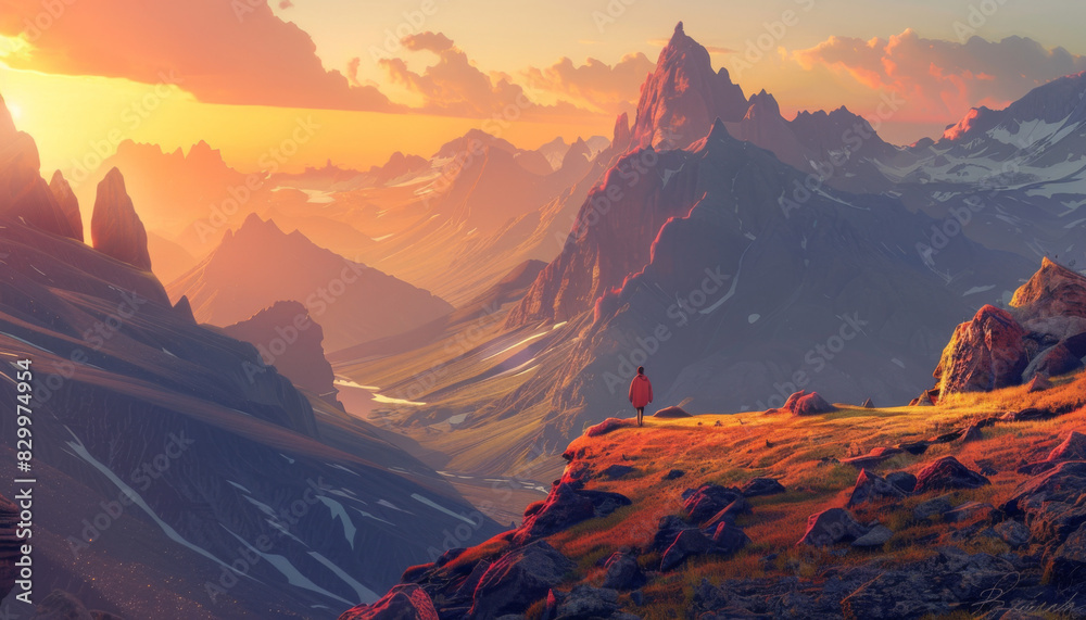 Panoramic view of a person turning back, embraced by a scenic mountain range at sunset, photorealistic detailing, soft warm light casting long shadows