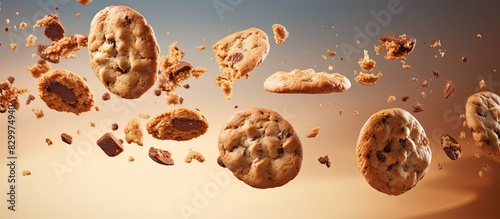 A picture of homemade oatmeal cookies some flying some falling with plenty of copy space photo