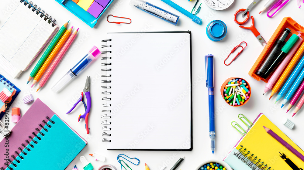 Bright school supplies and notebook on a white background. Bright school supplies and notebook on a white background.