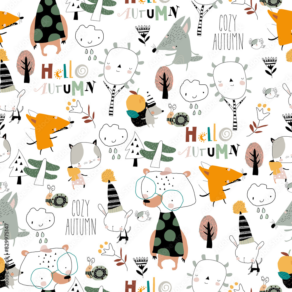 Vector Seamless Pattern with Cartoon Funny Animals and Trees Vector Seamless Pattern with Cartoon Funny Animals and Trees