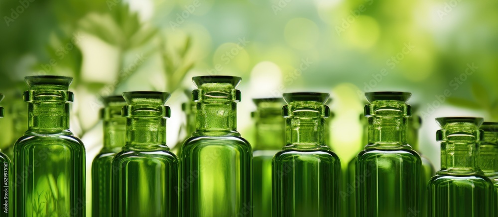 Copy space image of green bottles filled with herbal essence perfect for traditional medicine healthcare and natural cosmetics backgrounds Copy space image of green bottles filled with herbal essence perfect for traditional medicine healthcare and natural cosmetics backgrounds