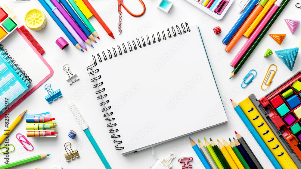 Bright school supplies and a blank spiral notebook on a white background. Bright school supplies and a blank spiral notebook on a white background.
