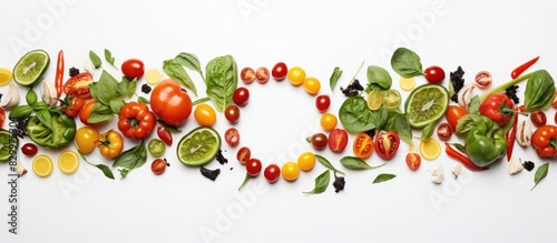 A free space image of vibrant pizza toppings including tomatoes cheese chili peppers and basil leaves arranged on a white background in a top view perspective. with copy space image © vxnaghiyev