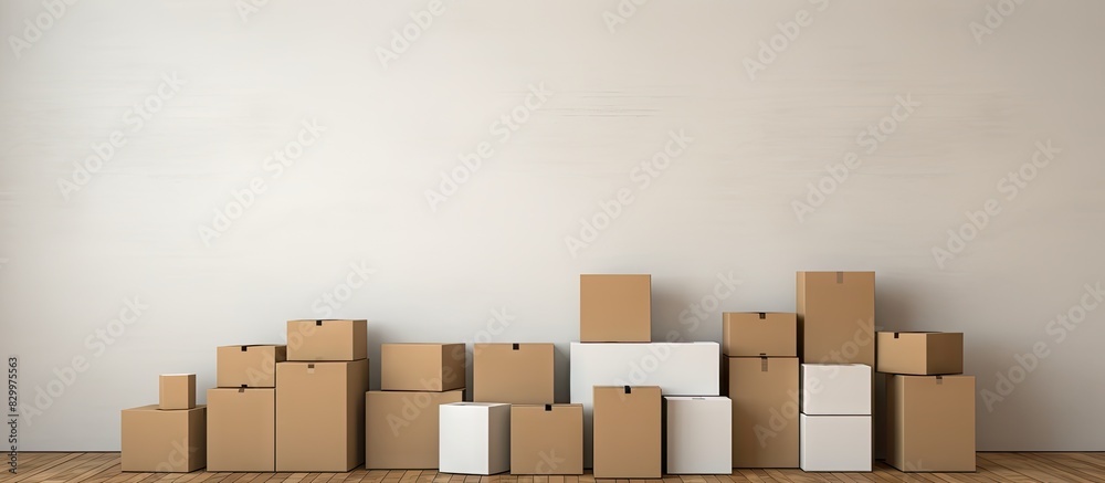 Close up of a group of cardboard boxes arranged against a copy space image of a white wooden wall Close up of a group of cardboard boxes arranged against a copy space image of a white wooden wall
