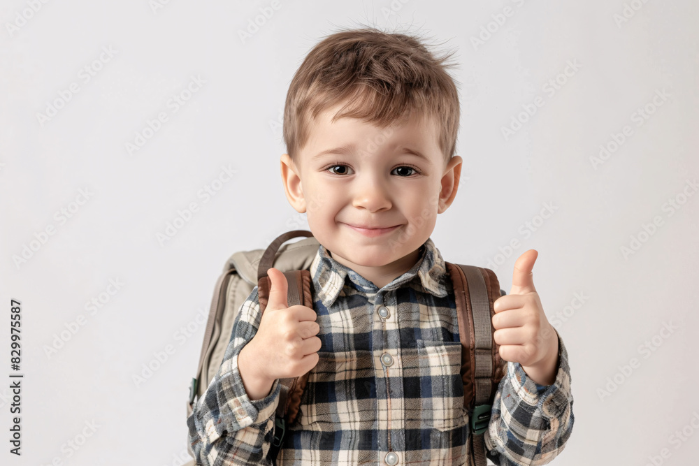 cute little boy with backpack thumbs up over white background cute little boy with backpack thumbs up over white background