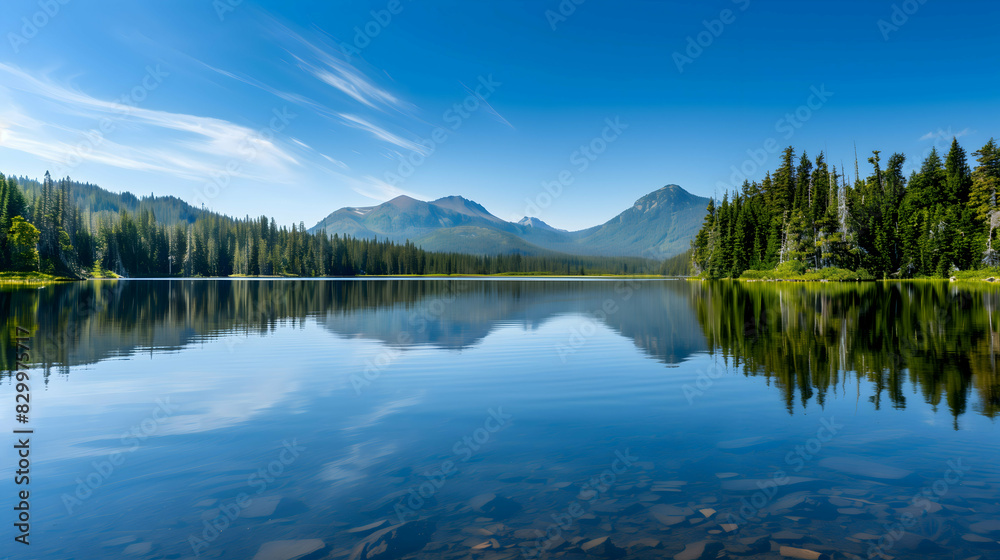 A serene mountain lake with clear reflections of the surrounding forest and mountains under a bright blue sky