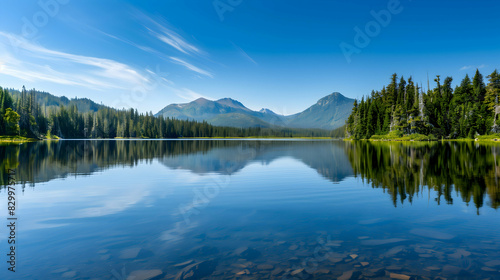 A serene mountain lake with clear reflections of the surrounding forest and mountains under a bright blue sky