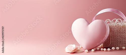 A charming Valentines day theme showcased with an origami heart a small basket a delicate flower and a white pearl on a soft pastel pink backdrop Meticulously crafted with love and care leaving ample photo