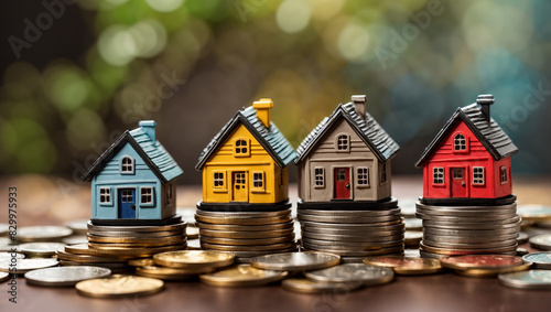 There are four colorful houses on top of stacks of coins.