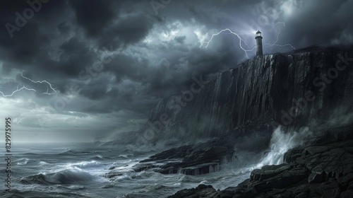 Storm-Ravaged Coastal Landscape with Lighthouse and Eerie Lightning in the Sky - Perfect for Nightmarish Isolation Themed Designs