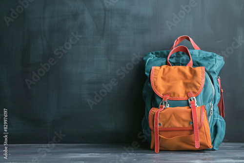 blue and orange school backpack over blackboard with copy space for text photo
