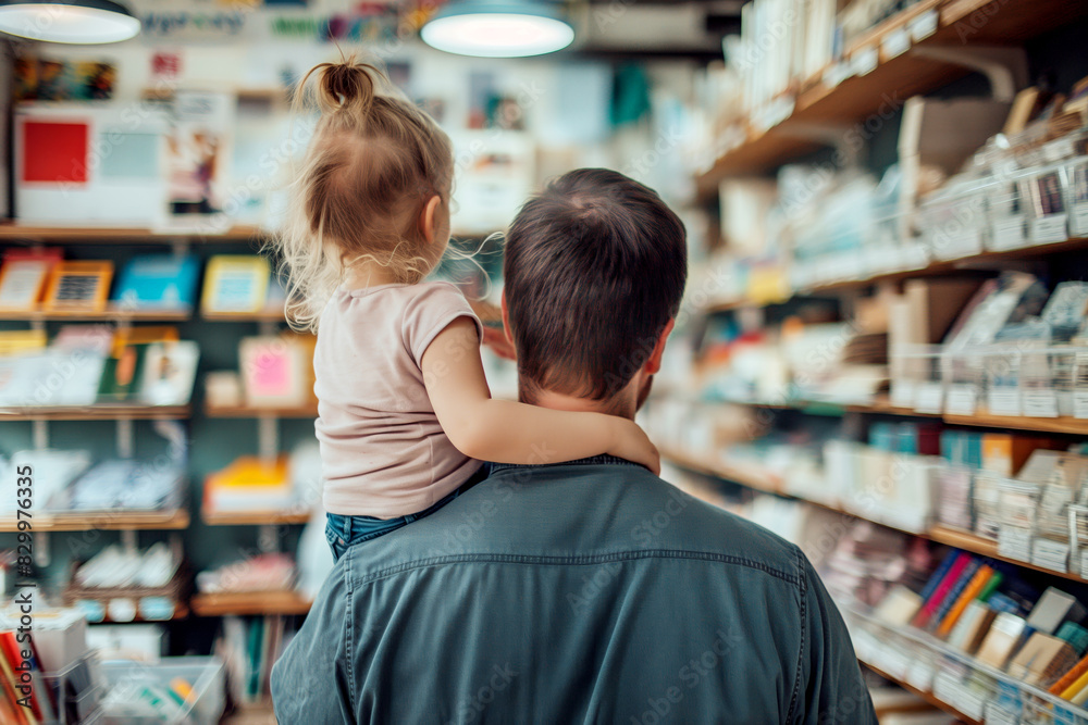 Father carrying daughter in a bookstore with shelves of books and school supplies. Father carrying daughter in a bookstore with shelves of books and school supplies.