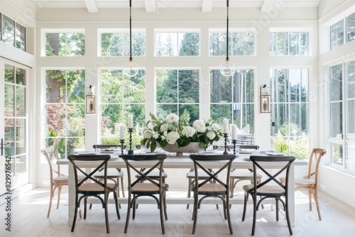 A bright and airy dining room with floor-to-ceiling windows a farmhouse-style dining table and fresh floral arrangements creating an inviting space for shared