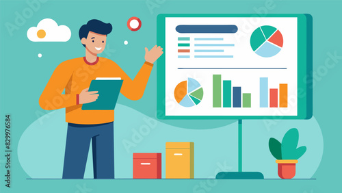 A student presents on their latest research project using charts and graphs to explain their findings.. Vector illustration