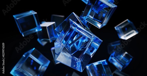 3D rendering of glass cubes on black background, dark abstract buissness background