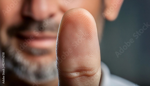 Close-up human thumb facing close the camera clear focus on the detailed fingerprint pattern, blurred background smiling man, biometric security, personal identification, forensic.