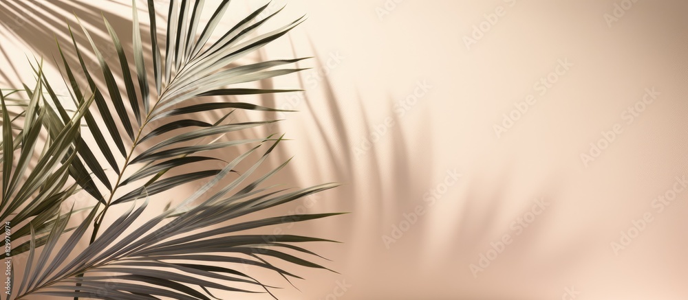 Fototapeta premium A copy space image featuring silver palm tree leaves casting shadows on a beige background designed with a simple minimalistic style perfect for summer projects and concepts