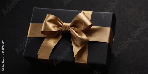 Stylish black gift packaging accented with a lavish golden bow, creating a striking visual contrast on the black surface.